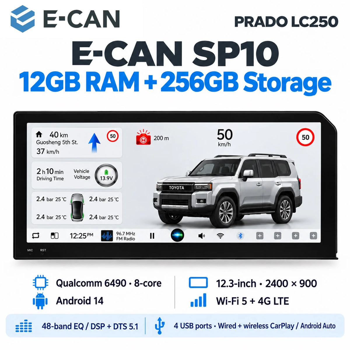 Toyota Prado LC250 SP10 head unit with 12GB RAM and 256GB storage.