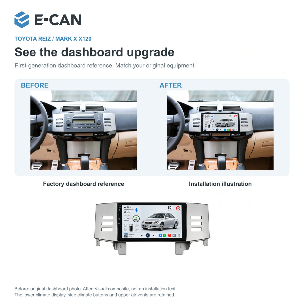 E-CAN Toyota mark-x Silver fascia · X120 · 2005–2009 factory dashboard and installation illustration