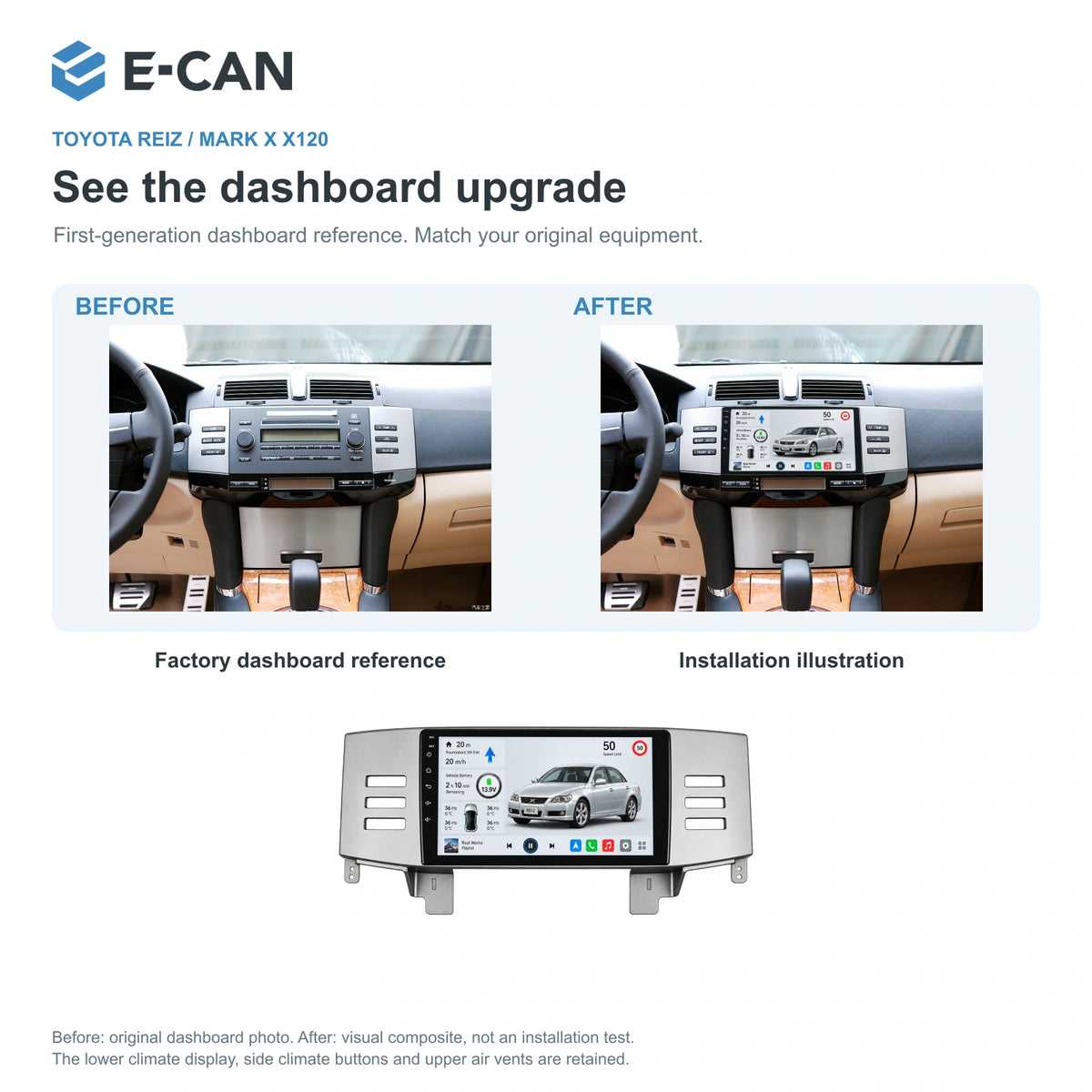 E-CAN Toyota mark-x Silver fascia · X120 · 2005–2009 factory dashboard and installation illustration