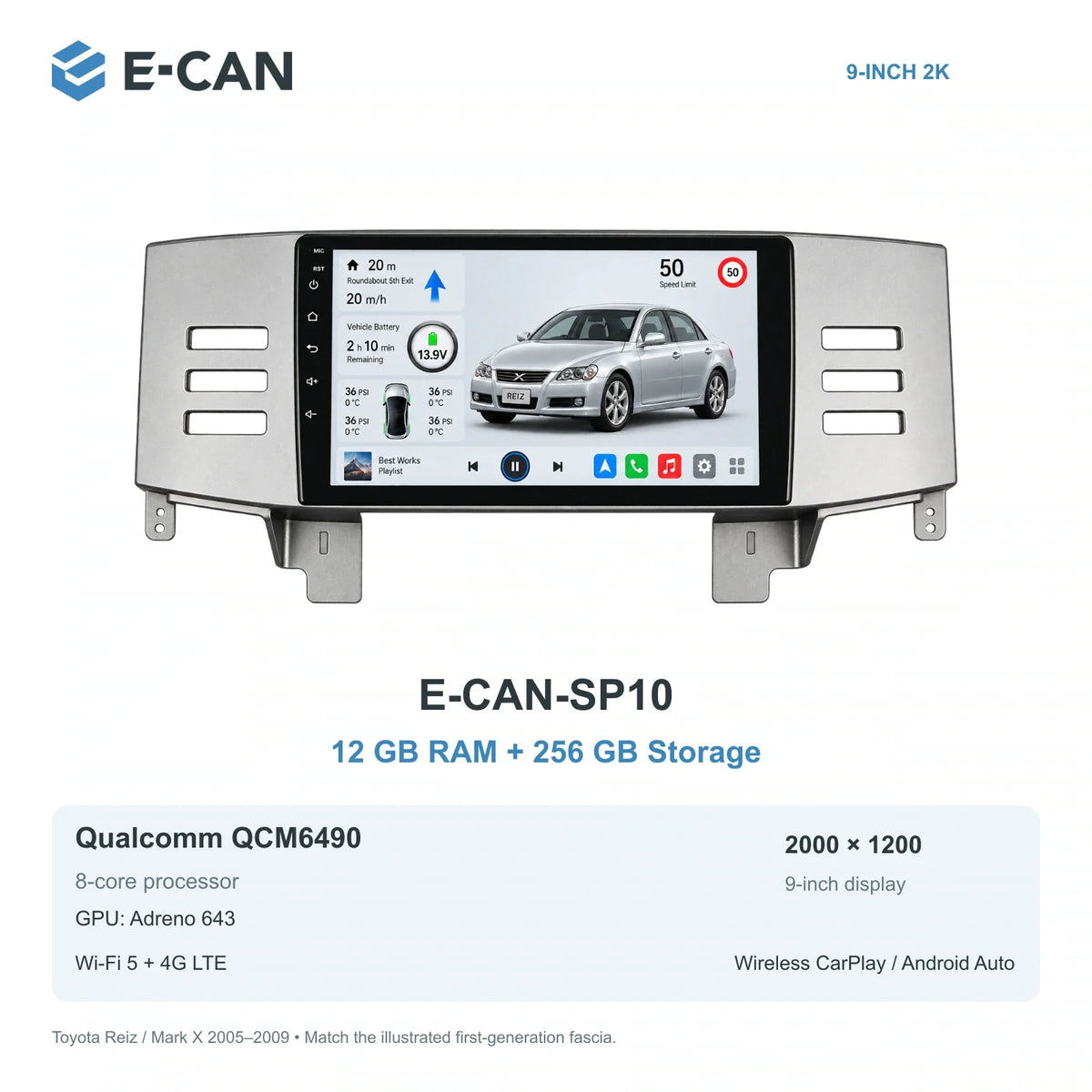 E-CAN Toyota mark-x Silver fascia · X120 · 2005–2009 E-CAN-SP10 12GB + 256GB