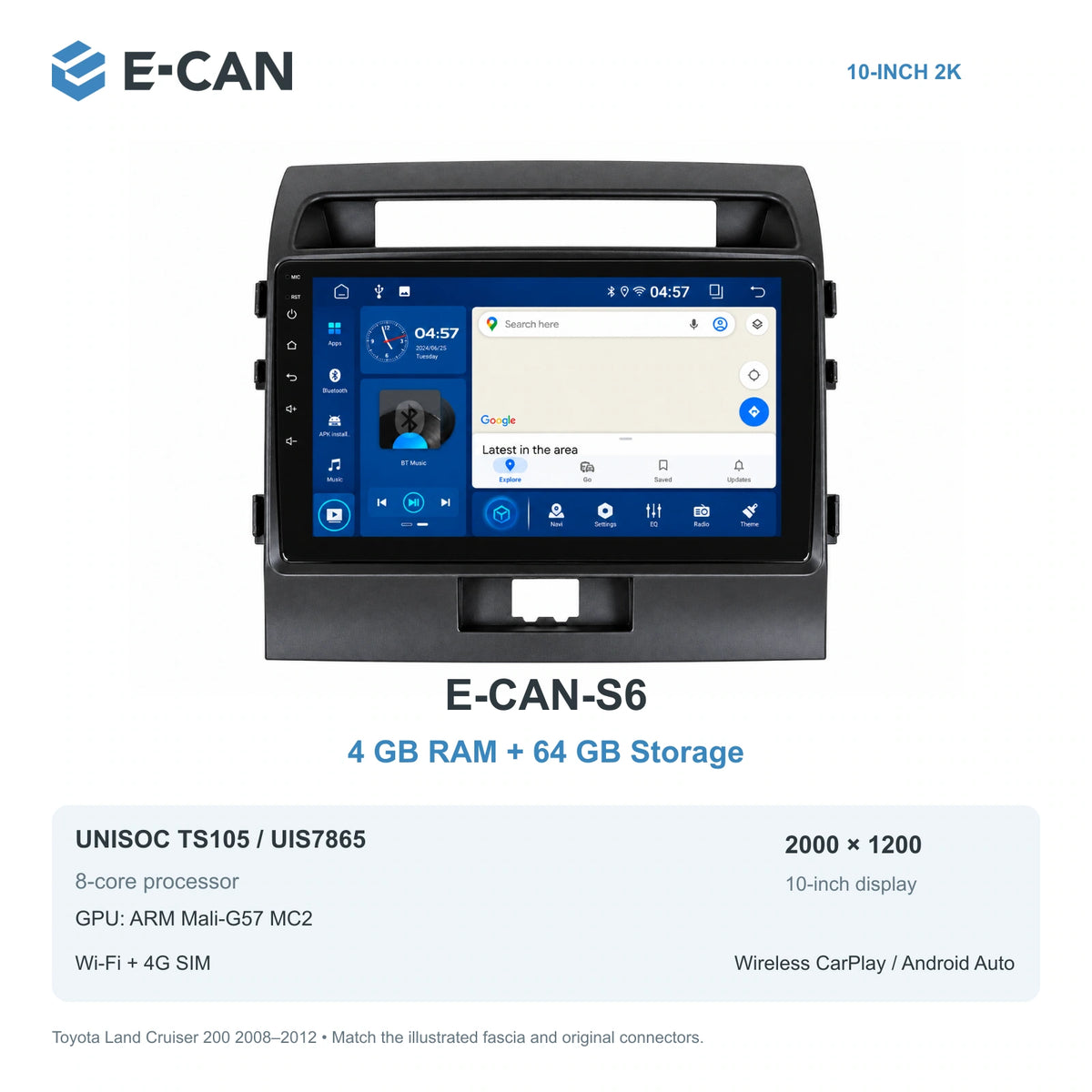 E-CAN Toyota land-cruiser 10-inch · 2008–2012 matched fascia E-CAN-S6 4GB + 64GB