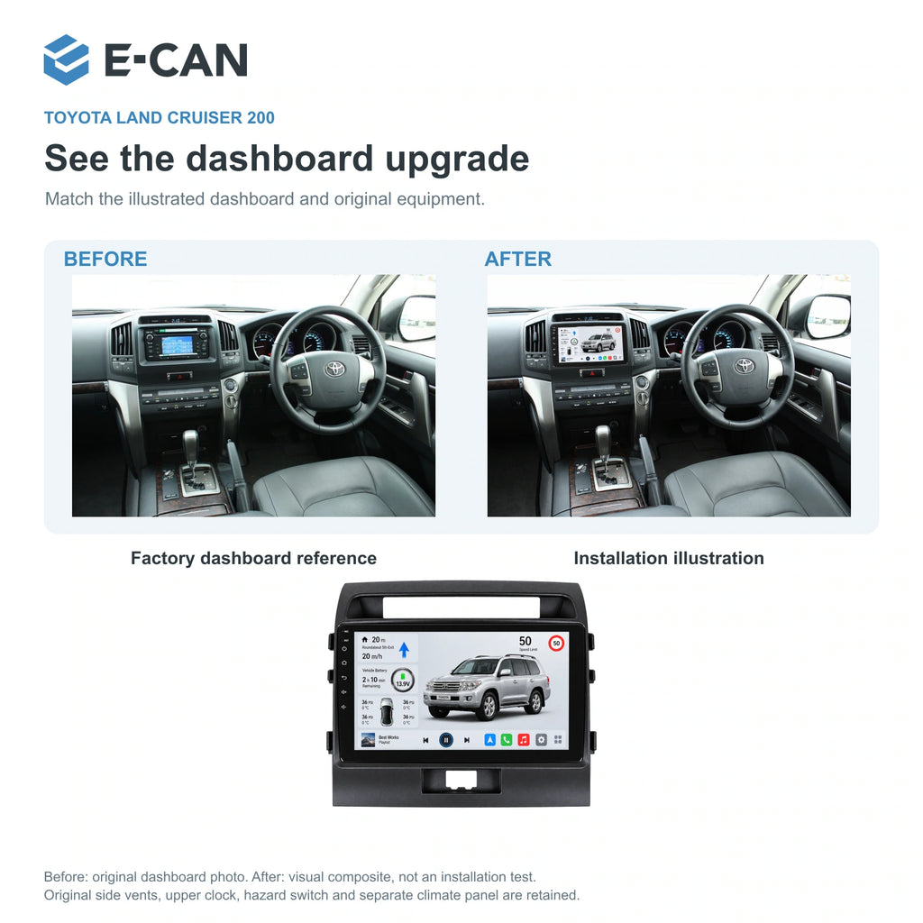 E-CAN Toyota land-cruiser 10-inch · 2008–2012 matched fascia factory dashboard and installation illustration