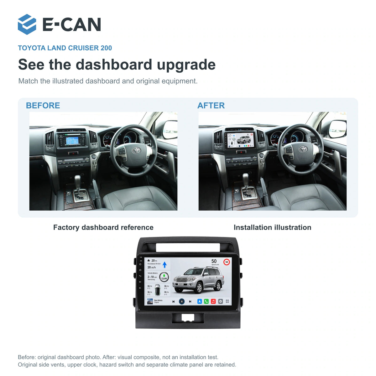 E-CAN Toyota land-cruiser 10-inch · 2008–2012 matched fascia factory dashboard and installation illustration
