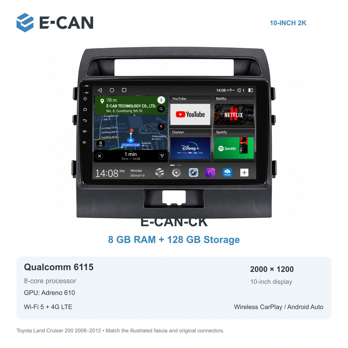 E-CAN Toyota land-cruiser 10-inch · 2008–2012 matched fascia E-CAN-CK 8GB + 128GB