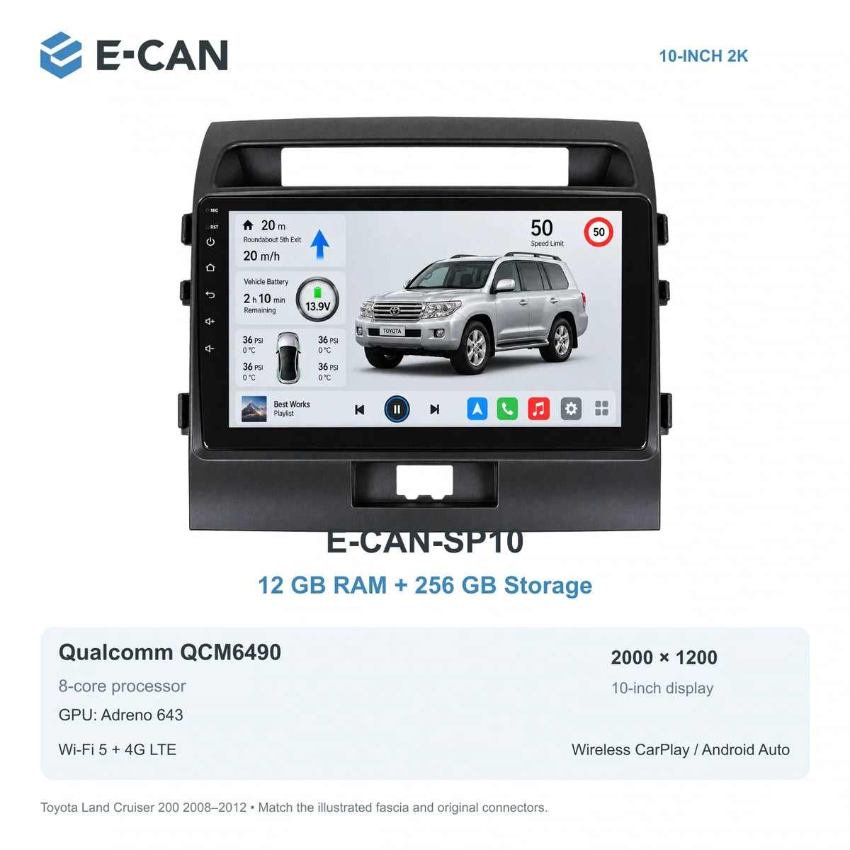 E-CAN Toyota land-cruiser 10-inch · 2008–2012 matched fascia E-CAN-SP10 12GB + 256GB