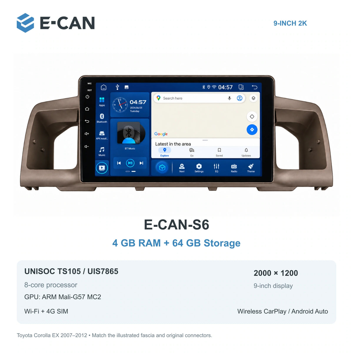 E-CAN Toyota corolla 9-inch · 2007–2012 matched fascia E-CAN-S6 4GB + 64GB
