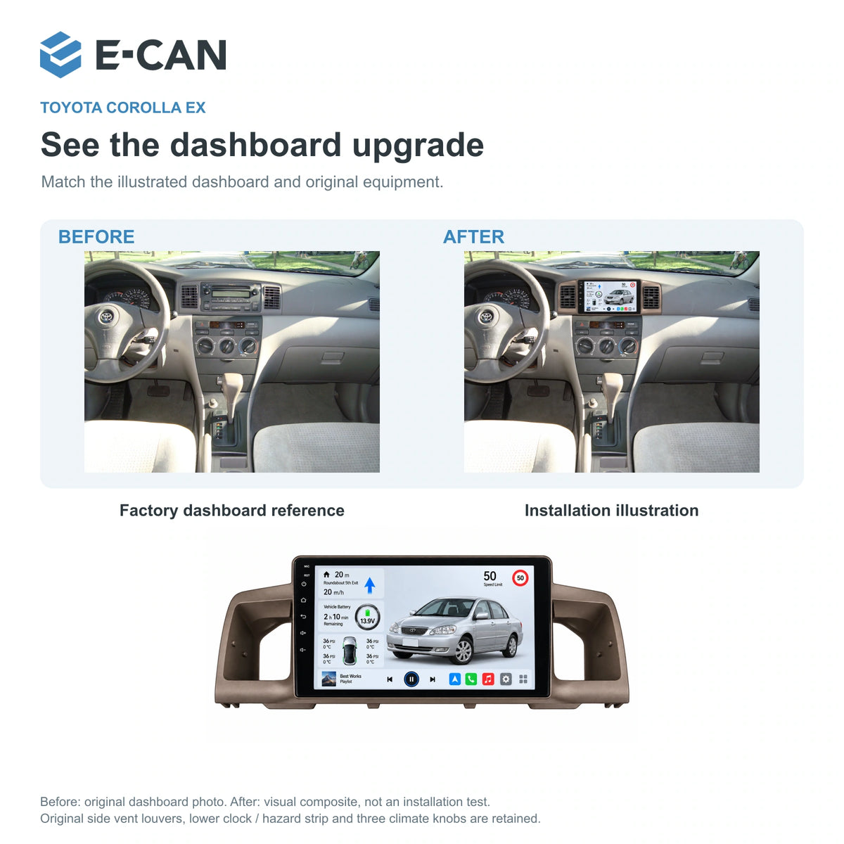 E-CAN Toyota corolla 9-inch · 2007–2012 matched fascia factory dashboard and installation illustration