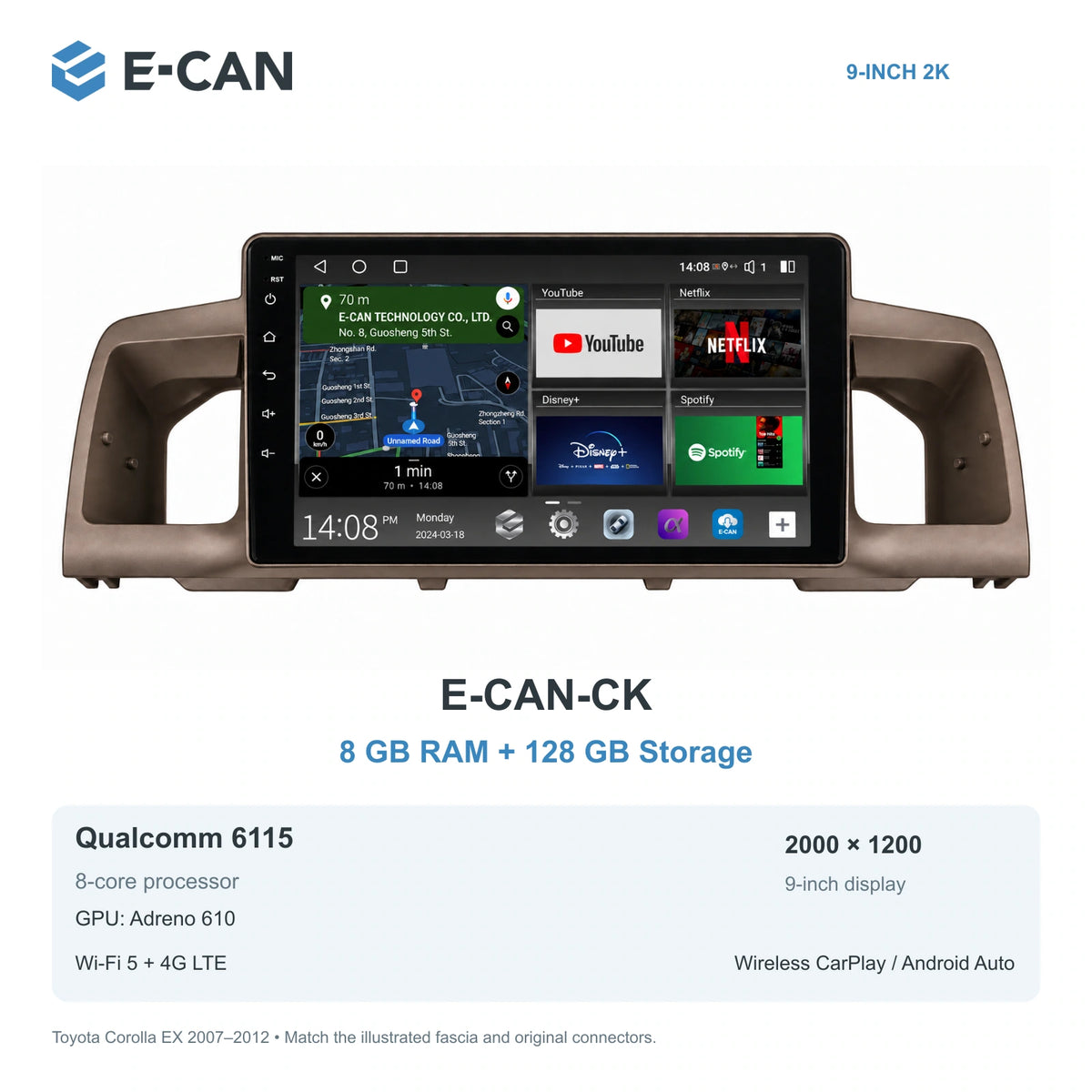 E-CAN Toyota corolla 9-inch · 2007–2012 matched fascia E-CAN-CK 8GB + 128GB