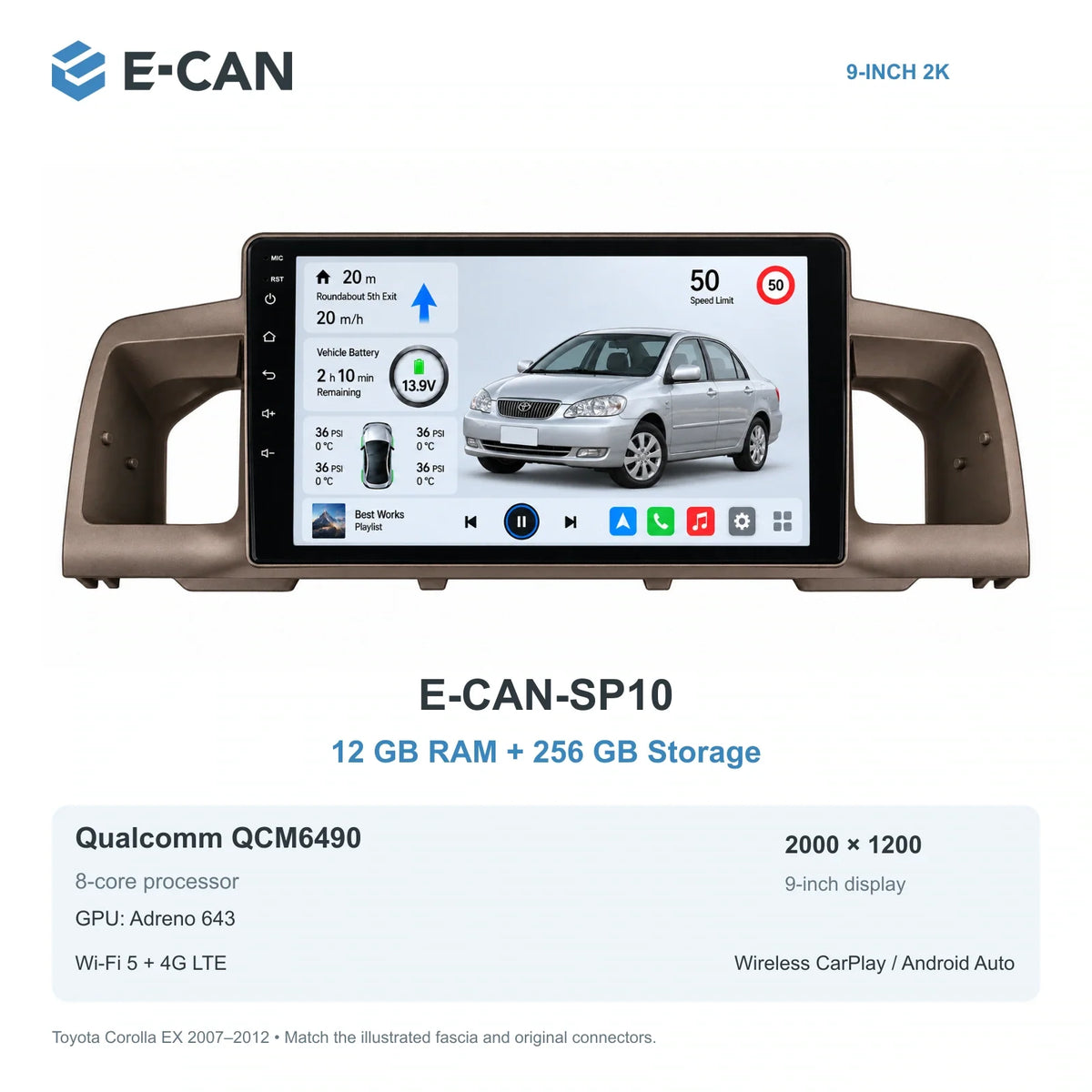E-CAN Toyota corolla 9-inch · 2007–2012 matched fascia E-CAN-SP10 12GB + 256GB
