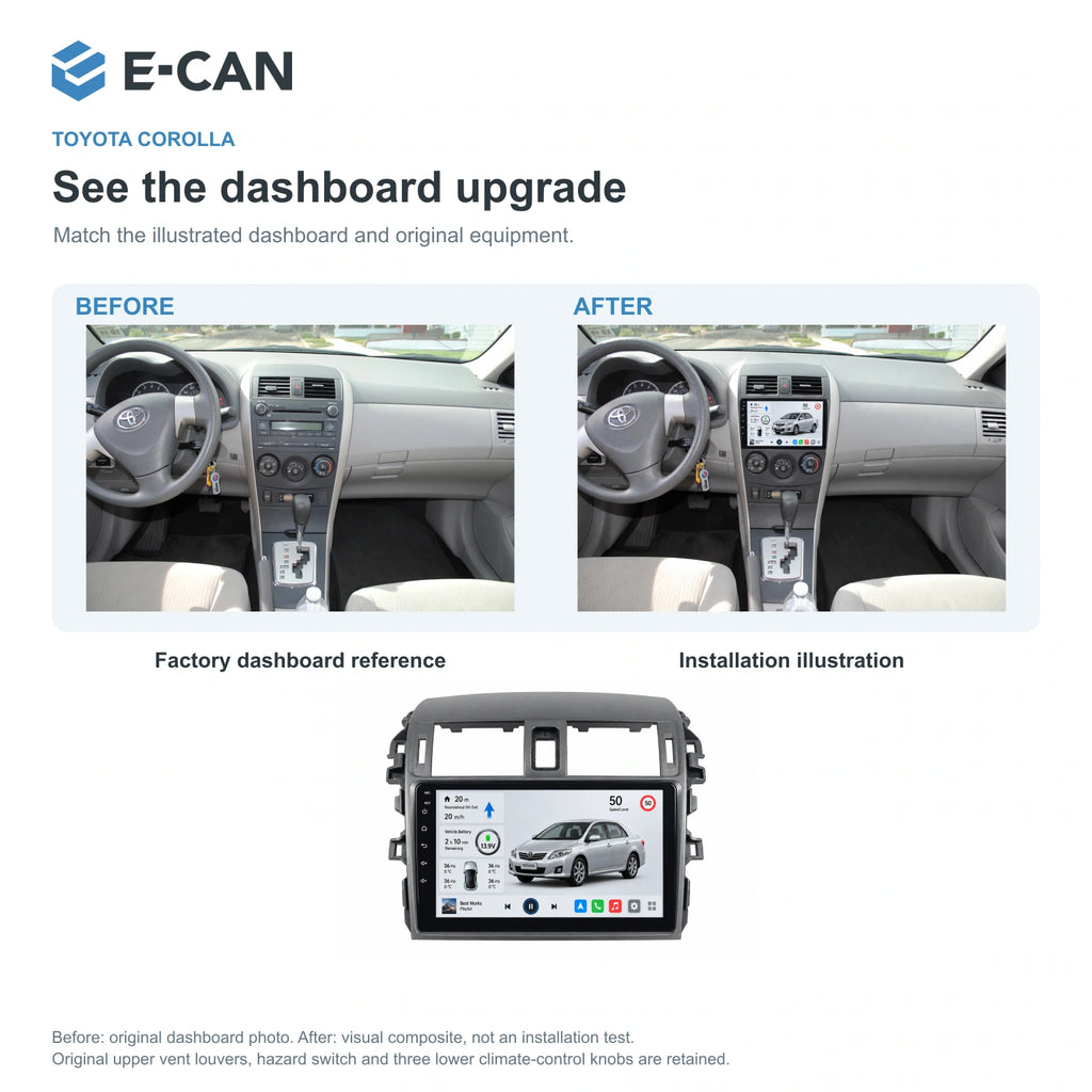 E-CAN Toyota corolla Large vent frame · 2009–2013 factory dashboard and installation illustration