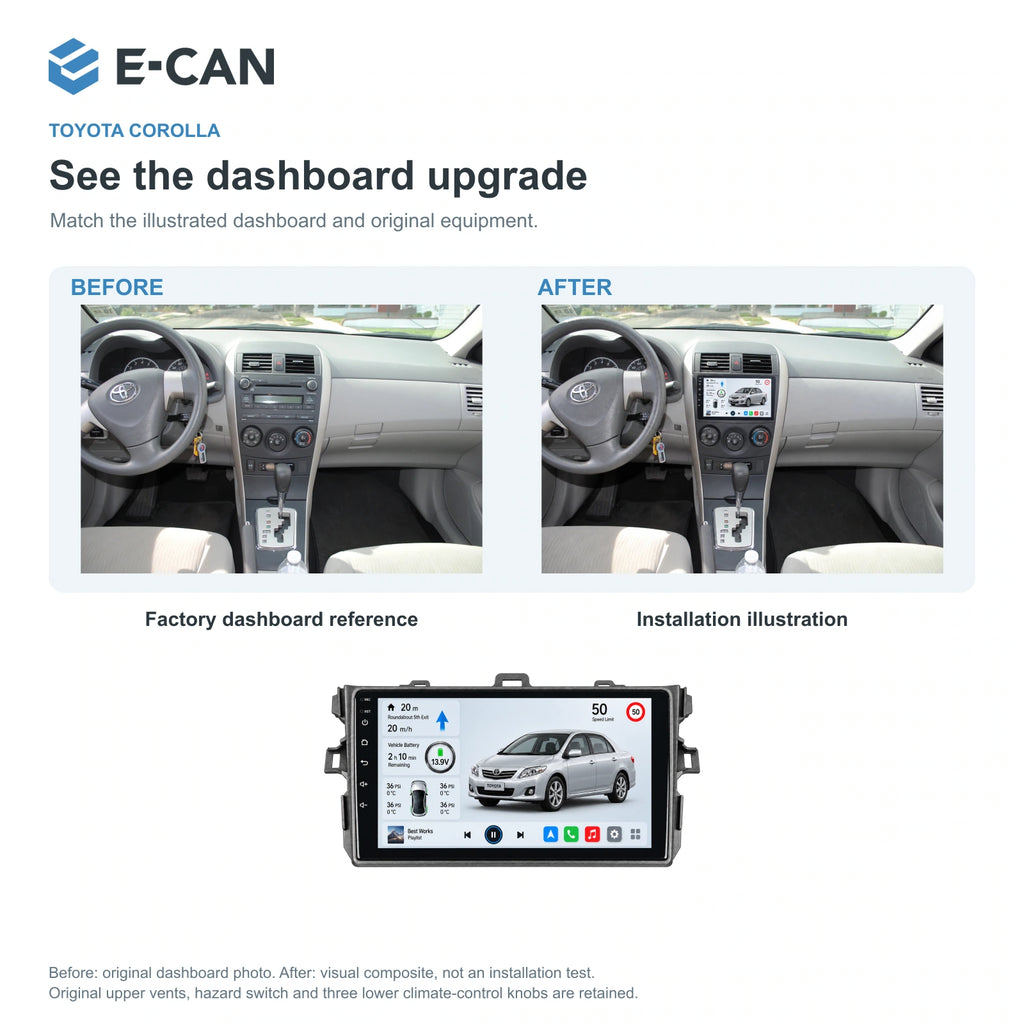 E-CAN Toyota corolla Small frame · 2007–2011 factory dashboard and installation illustration