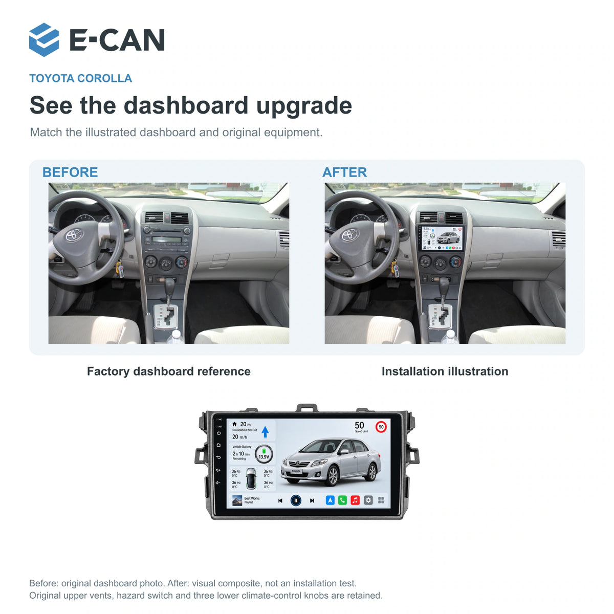 E-CAN Toyota corolla Small frame · 2007–2011 factory dashboard and installation illustration
