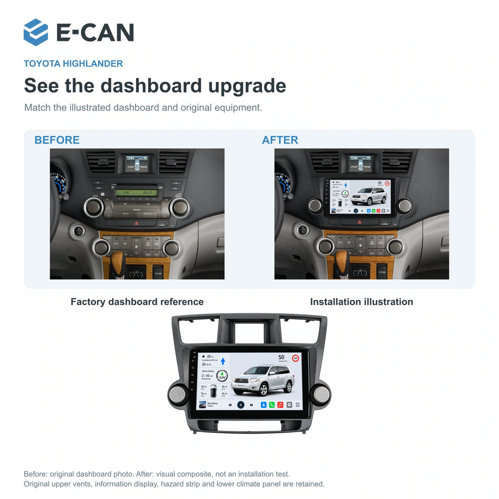 E-CAN Toyota highlander Knob fascia · 2009–2013 factory dashboard and installation illustration