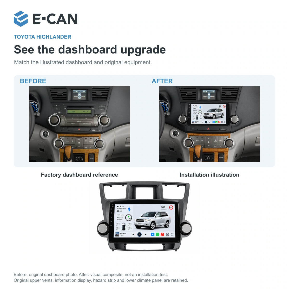 E-CAN Toyota highlander Knob fascia · 2009–2013 factory dashboard and installation illustration