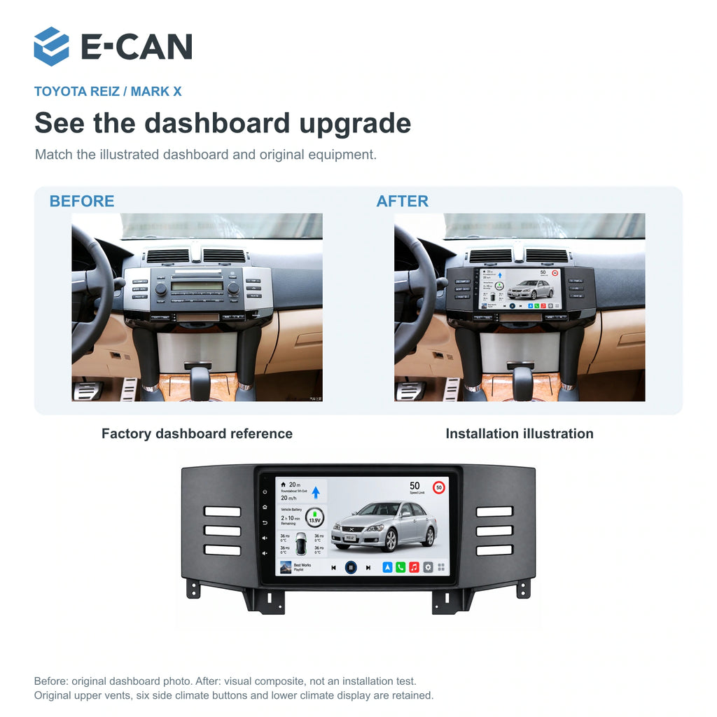 E-CAN Toyota mark-x Black fascia · X120 · 2005–2009 factory dashboard and installation illustration