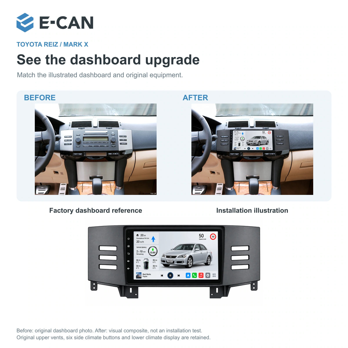 E-CAN Toyota mark-x Black fascia · X120 · 2005–2009 factory dashboard and installation illustration