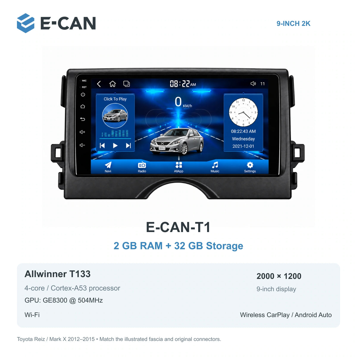 E-CAN Toyota mark-x 9-inch · 2012–2015 matched fascia E-CAN-T1 2GB + 32GB