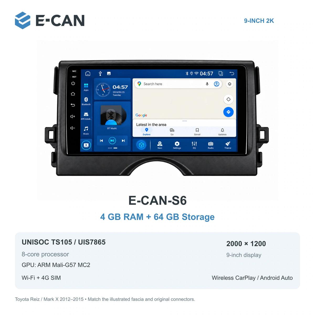 E-CAN Toyota mark-x 9-inch · 2012–2015 matched fascia E-CAN-S6 4GB + 64GB