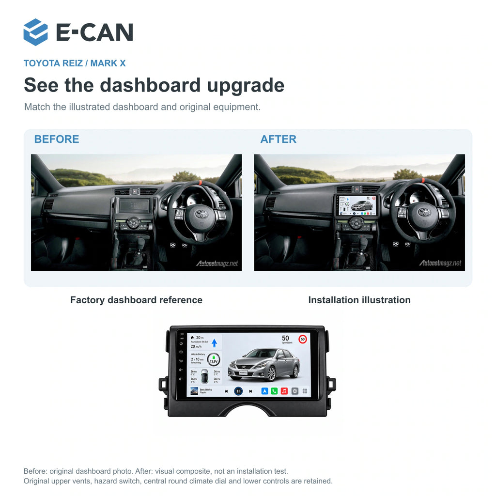 E-CAN Toyota mark-x 9-inch · 2012–2015 matched fascia factory dashboard and installation illustration