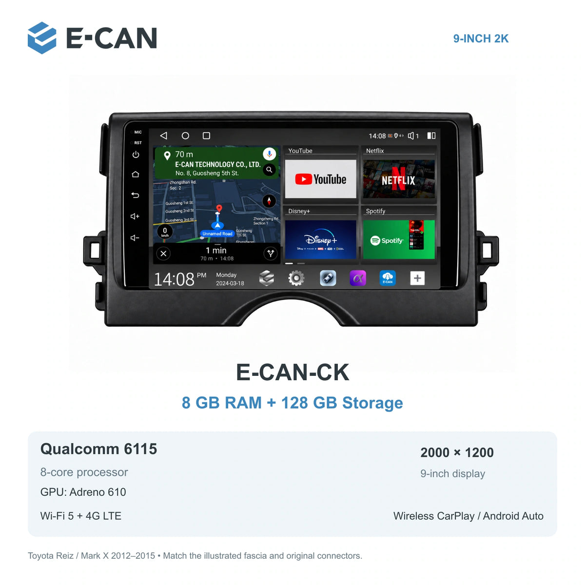 E-CAN Toyota mark-x 9-inch · 2012–2015 matched fascia E-CAN-CK 8GB + 128GB