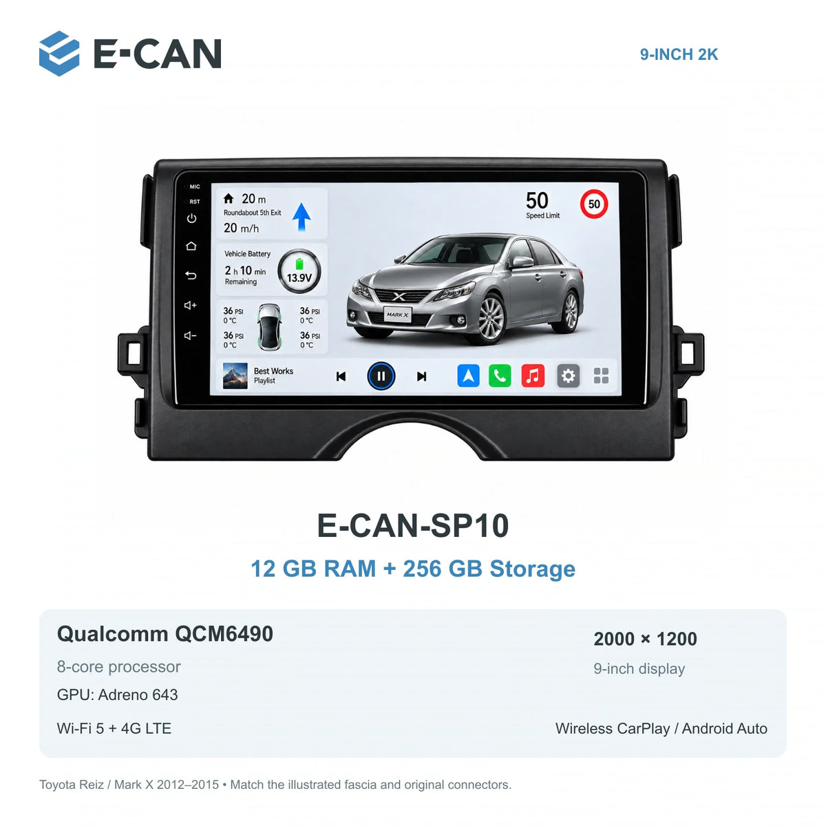 E-CAN Toyota mark-x 9-inch · 2012–2015 matched fascia E-CAN-SP10 12GB + 256GB