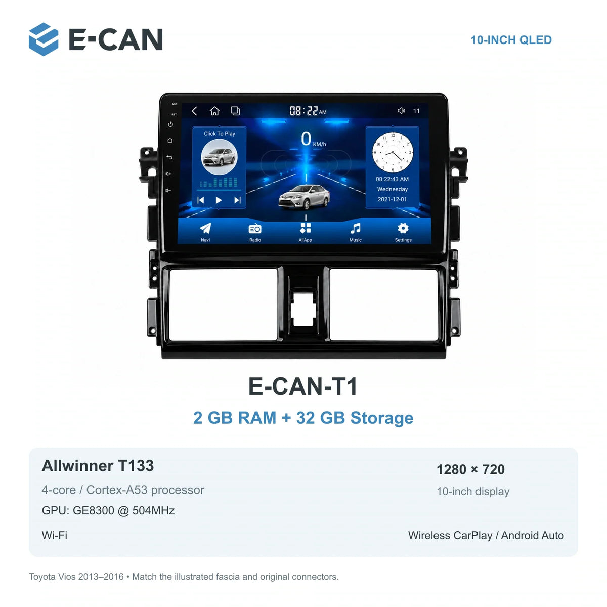 E-CAN Toyota vios Standard fascia · 2013–2016 E-CAN-T1 2GB + 32GB