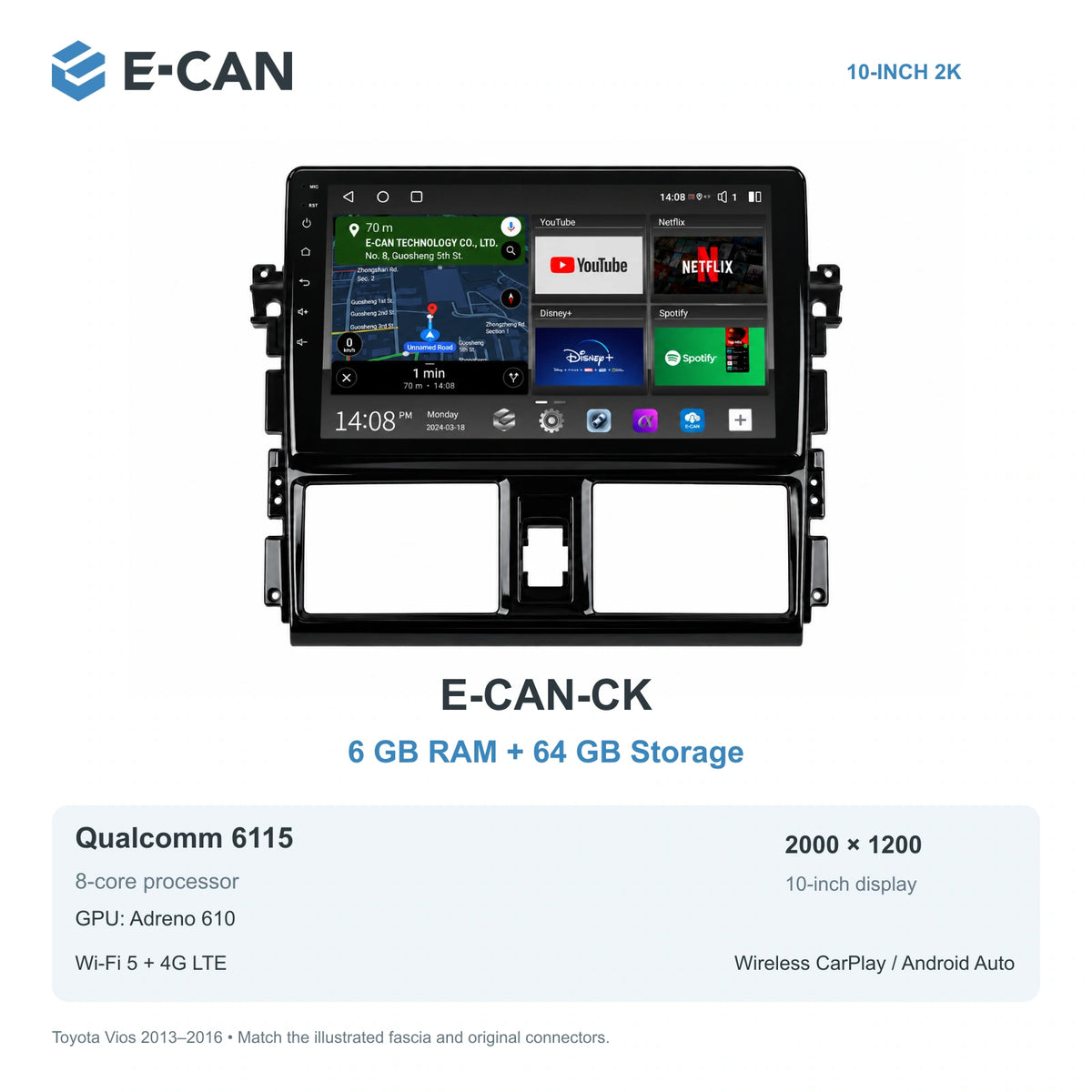 E-CAN Toyota vios Standard fascia · 2013–2016 E-CAN-CK 6GB + 64GB
