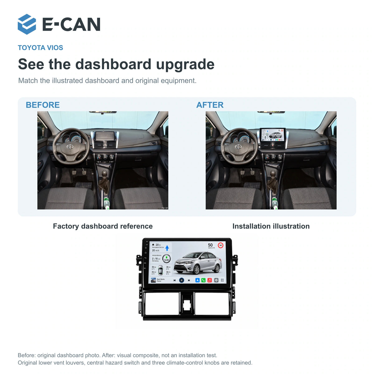 E-CAN Toyota vios Standard fascia · 2013–2016 factory dashboard and installation illustration