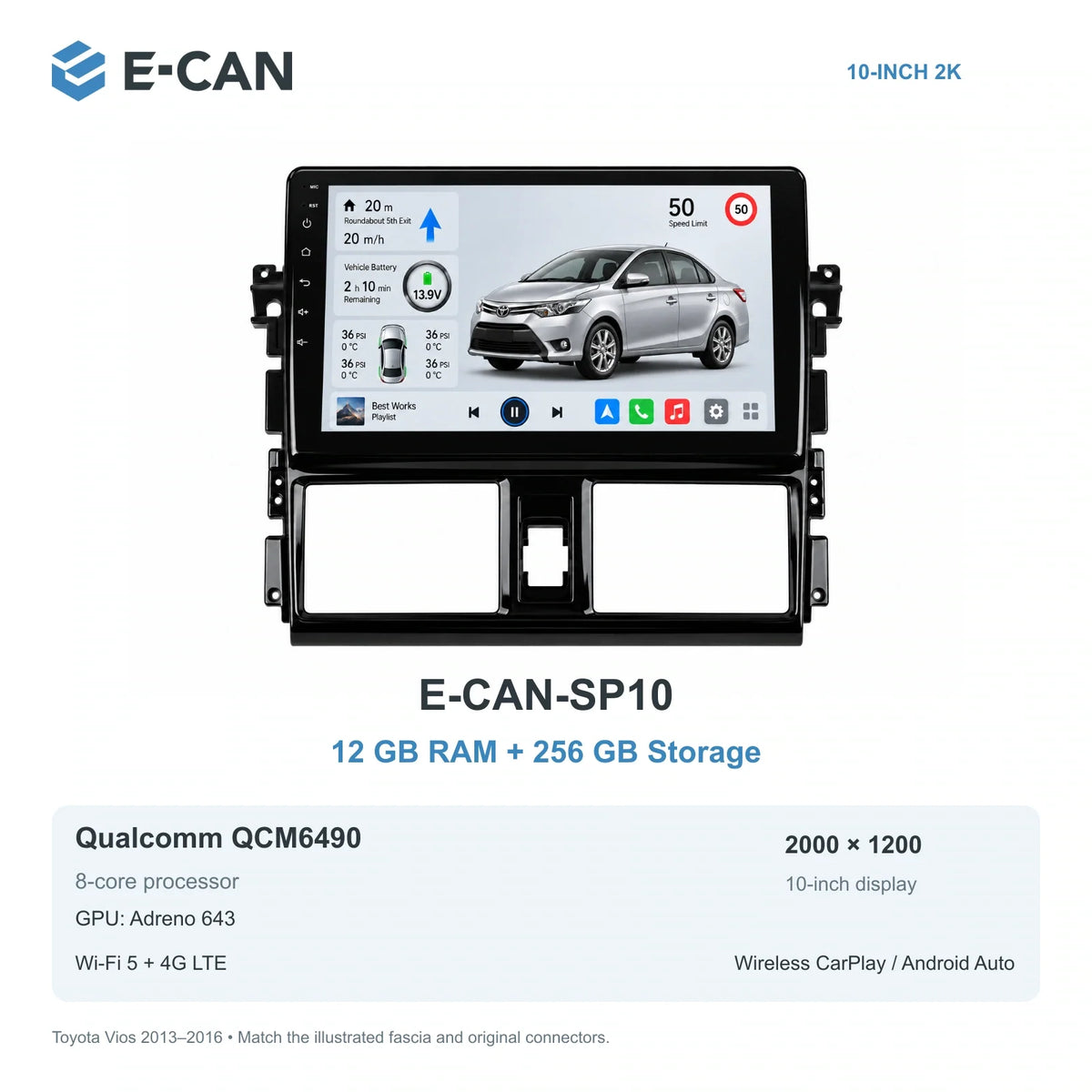 E-CAN Toyota vios Standard fascia · 2013–2016 E-CAN-SP10 12GB + 256GB