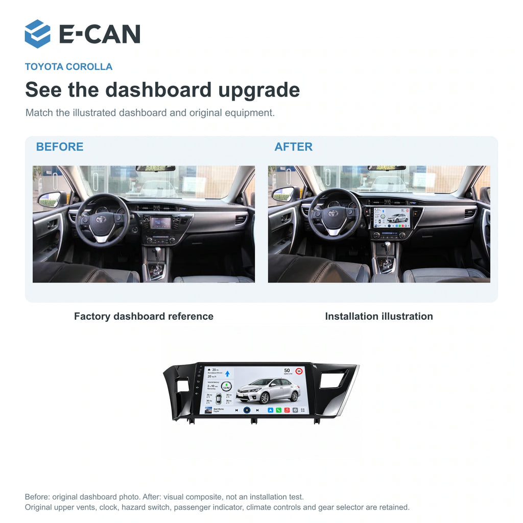 E-CAN Toyota corolla China LHD fascia · 2014–2016 factory dashboard and installation illustration