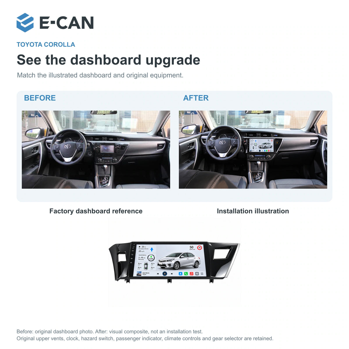 E-CAN Toyota corolla China LHD fascia · 2014–2016 factory dashboard and installation illustration