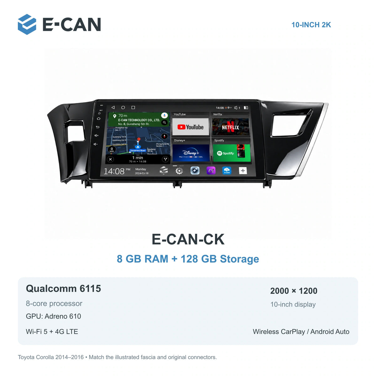 E-CAN Toyota corolla China LHD fascia · 2014–2016 E-CAN-CK 8GB + 128GB