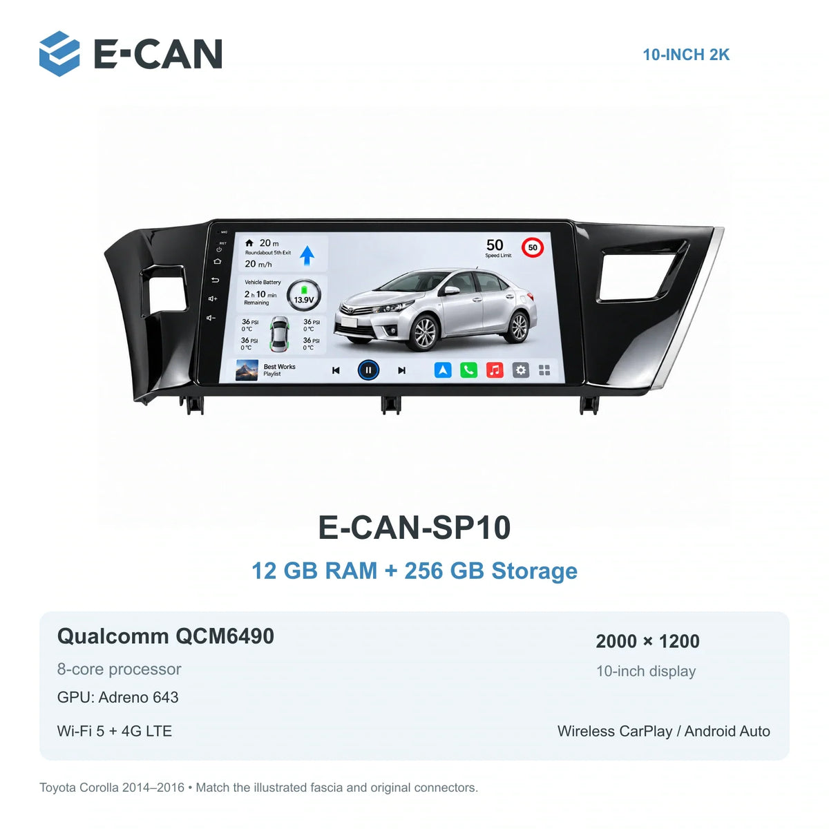 E-CAN Toyota corolla China LHD fascia · 2014–2016 E-CAN-SP10 12GB + 256GB
