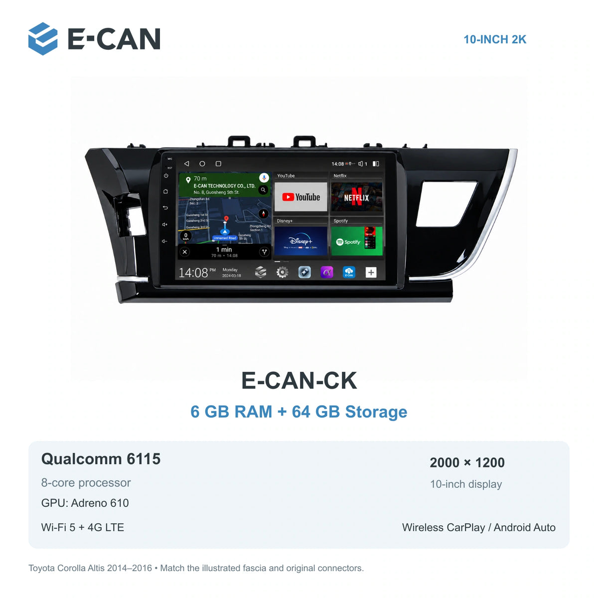 E-CAN Toyota corolla Taiwan LHD fascia · 2014–2016 E-CAN-CK 6GB + 64GB