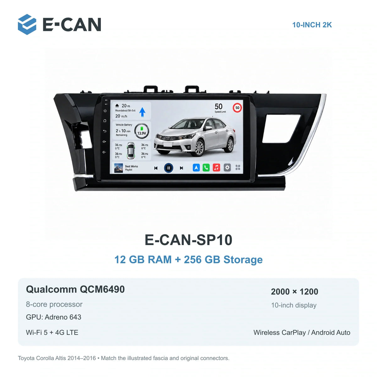 E-CAN Toyota corolla Taiwan LHD fascia · 2014–2016 E-CAN-SP10 12GB + 256GB