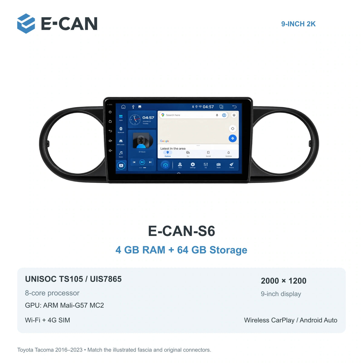 E-CAN Toyota tacoma 9-inch · 2016–2023 matched fascia E-CAN-S6 4GB + 64GB
