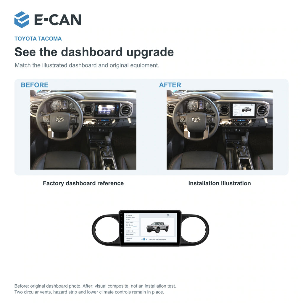 E-CAN Toyota tacoma 9-inch · 2016–2023 matched fascia factory dashboard and installation illustration