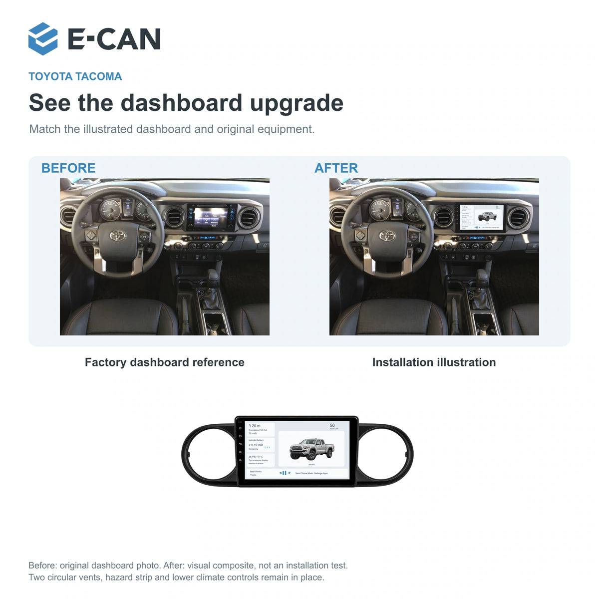 E-CAN Toyota tacoma 9-inch · 2016–2023 matched fascia factory dashboard and installation illustration