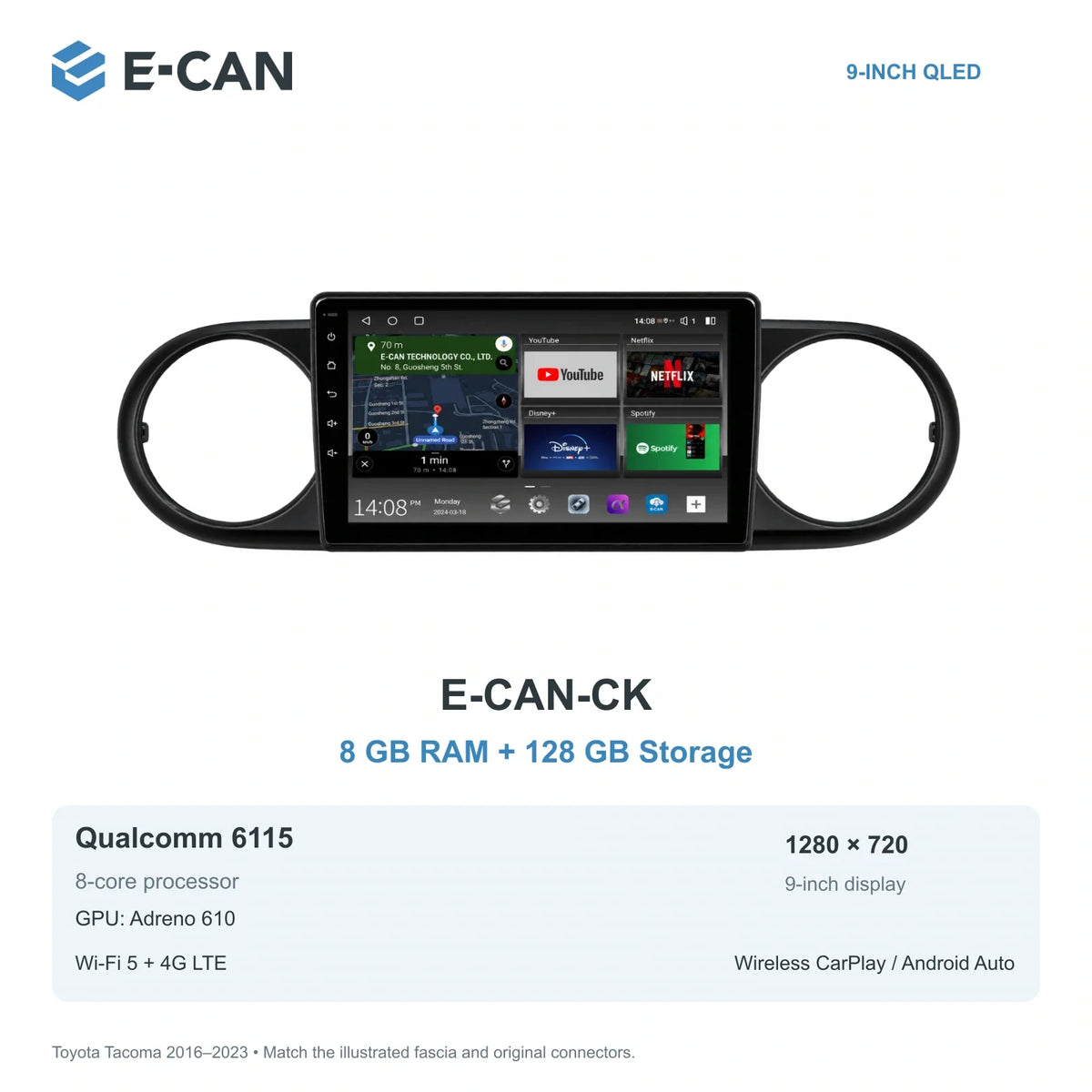 E-CAN Toyota tacoma 9-inch · 2016–2023 matched fascia E-CAN-CK 8GB + 128GB