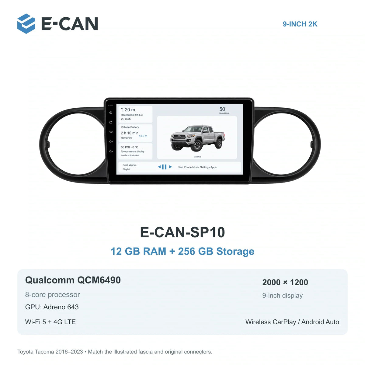 E-CAN Toyota tacoma 9-inch · 2016–2023 matched fascia E-CAN-SP10 12GB + 256GB