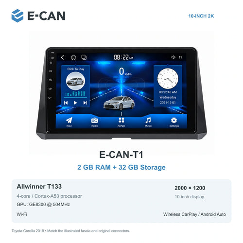 E-CAN Toyota corolla 10-inch · 2019 matched fascia E-CAN-T1 2GB + 32GB