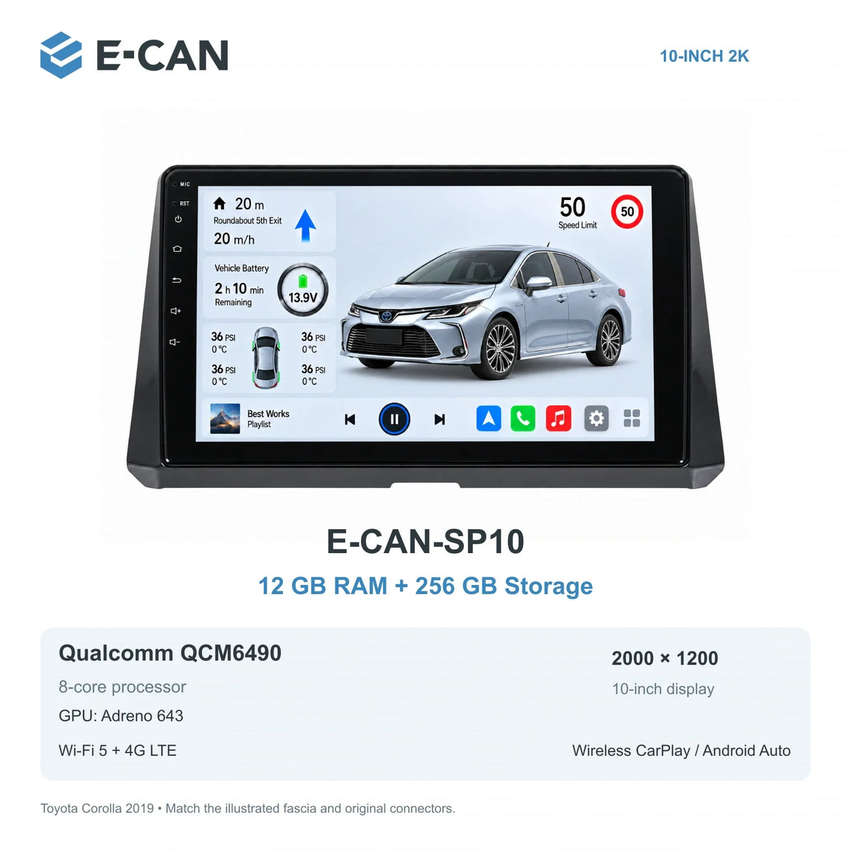 E-CAN Toyota corolla 10-inch · 2019 matched fascia E-CAN-SP10 12GB + 256GB