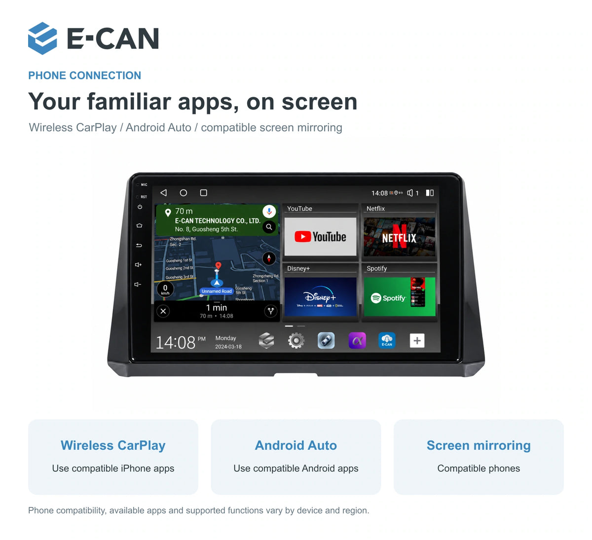 E-CAN Toyota corolla 10-inch · 2019 matched fascia feature