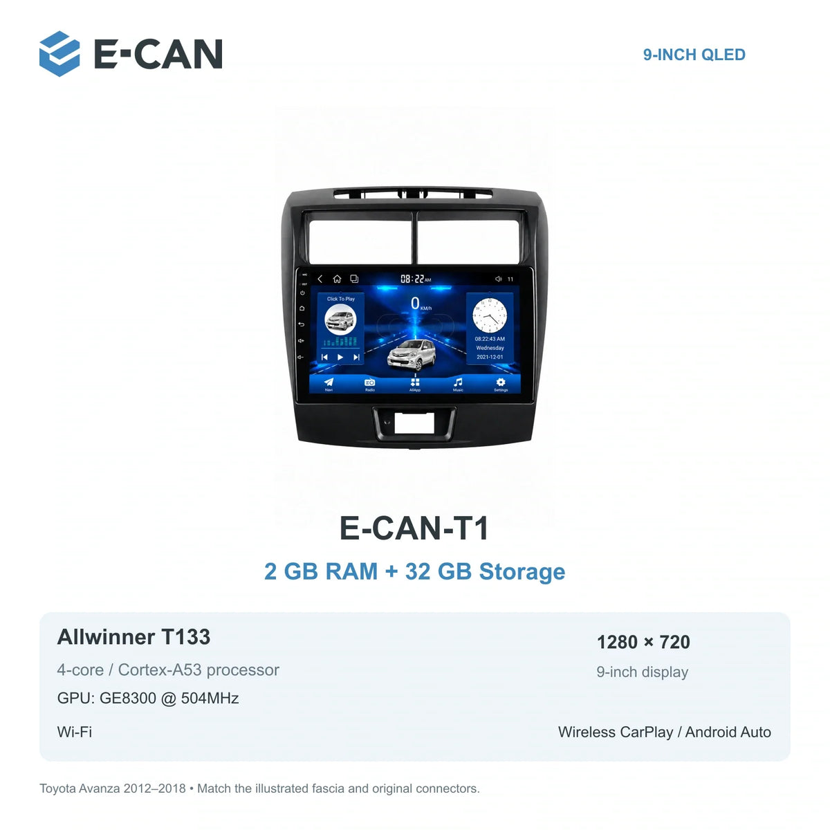 E-CAN Toyota avanza 9-inch · 2012–2018 matched fascia E-CAN-T1 2GB + 32GB