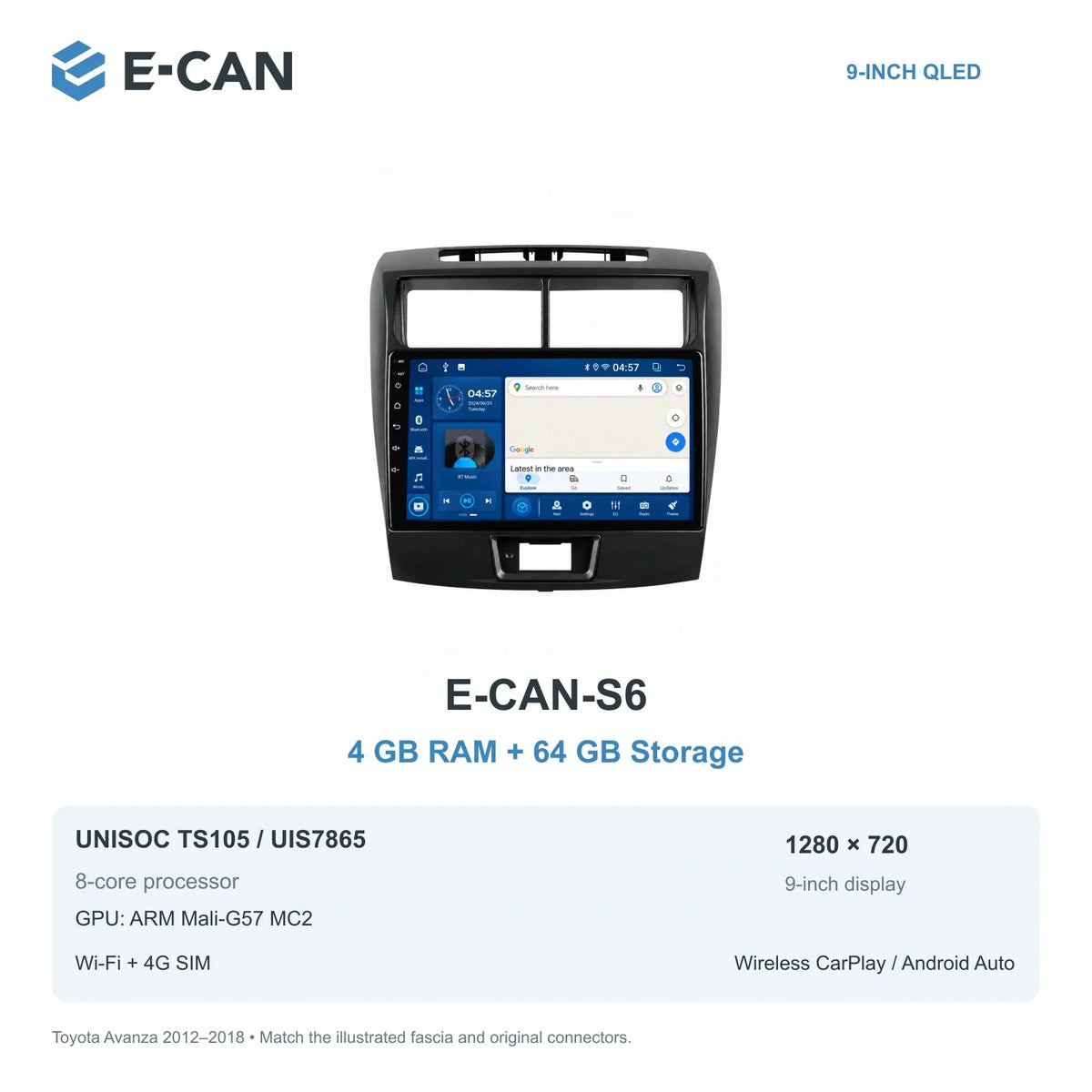 E-CAN Toyota avanza 9-inch · 2012–2018 matched fascia E-CAN-S6 4GB + 64GB