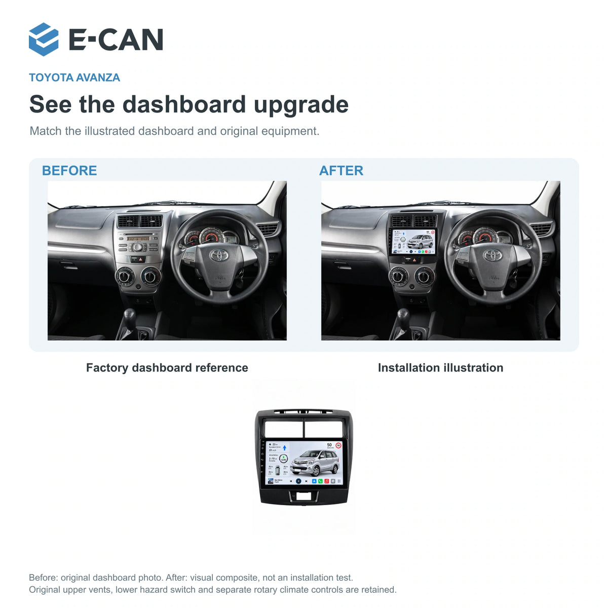 E-CAN Toyota avanza 9-inch · 2012–2018 matched fascia factory dashboard and installation illustration