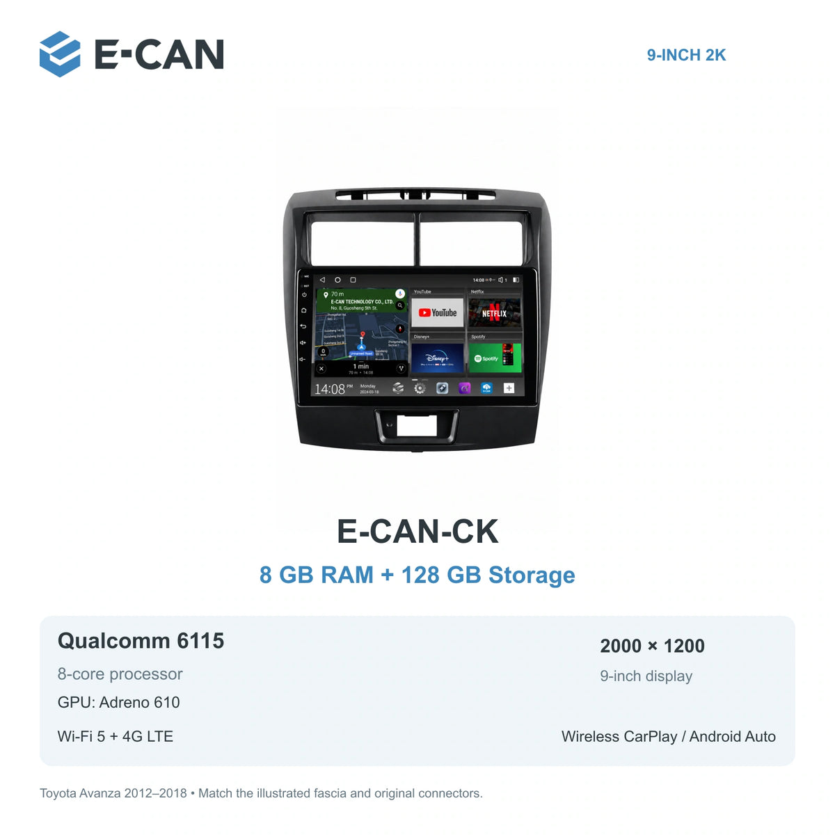 E-CAN Toyota avanza 9-inch · 2012–2018 matched fascia E-CAN-CK 8GB + 128GB