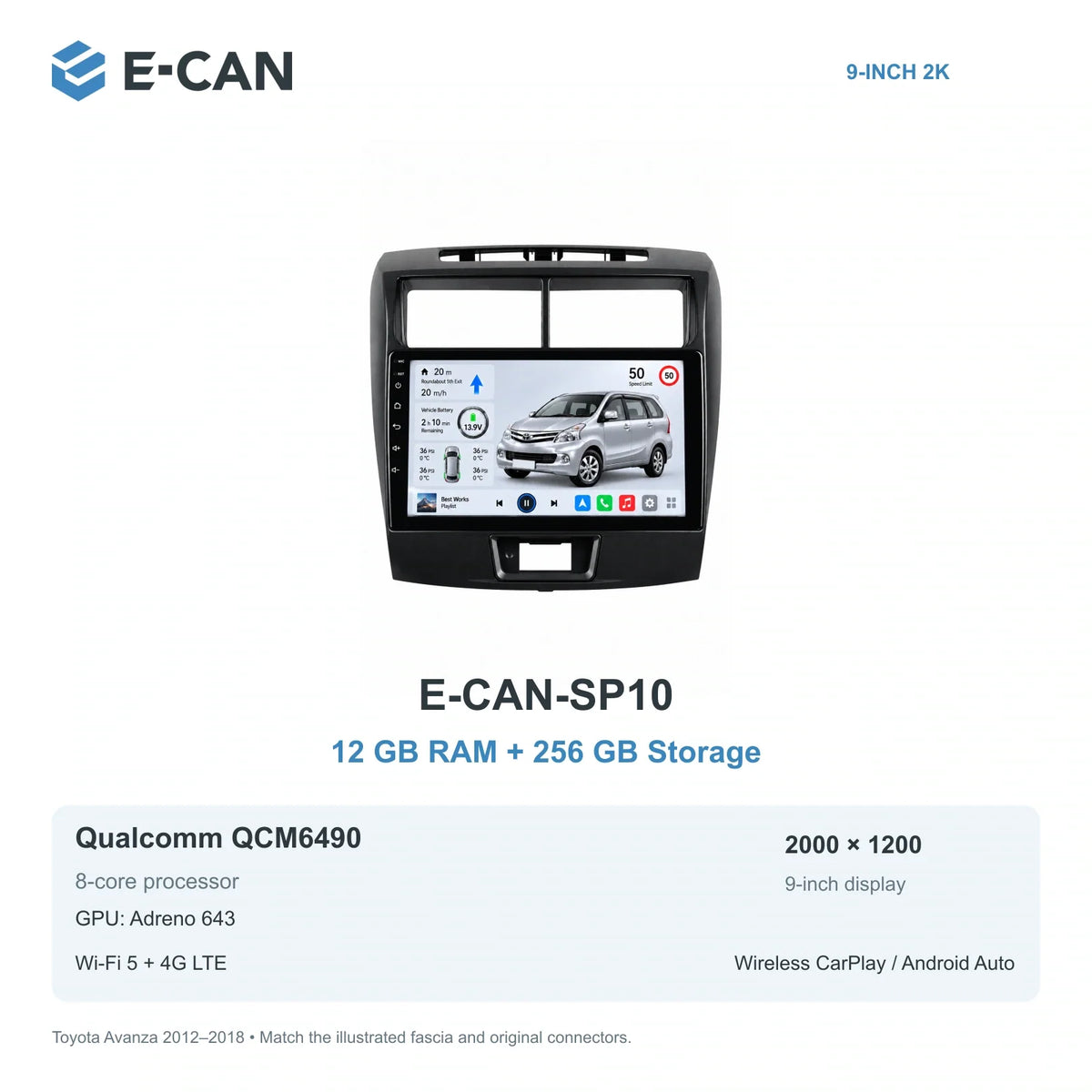 E-CAN Toyota avanza 9-inch · 2012–2018 matched fascia E-CAN-SP10 12GB + 256GB