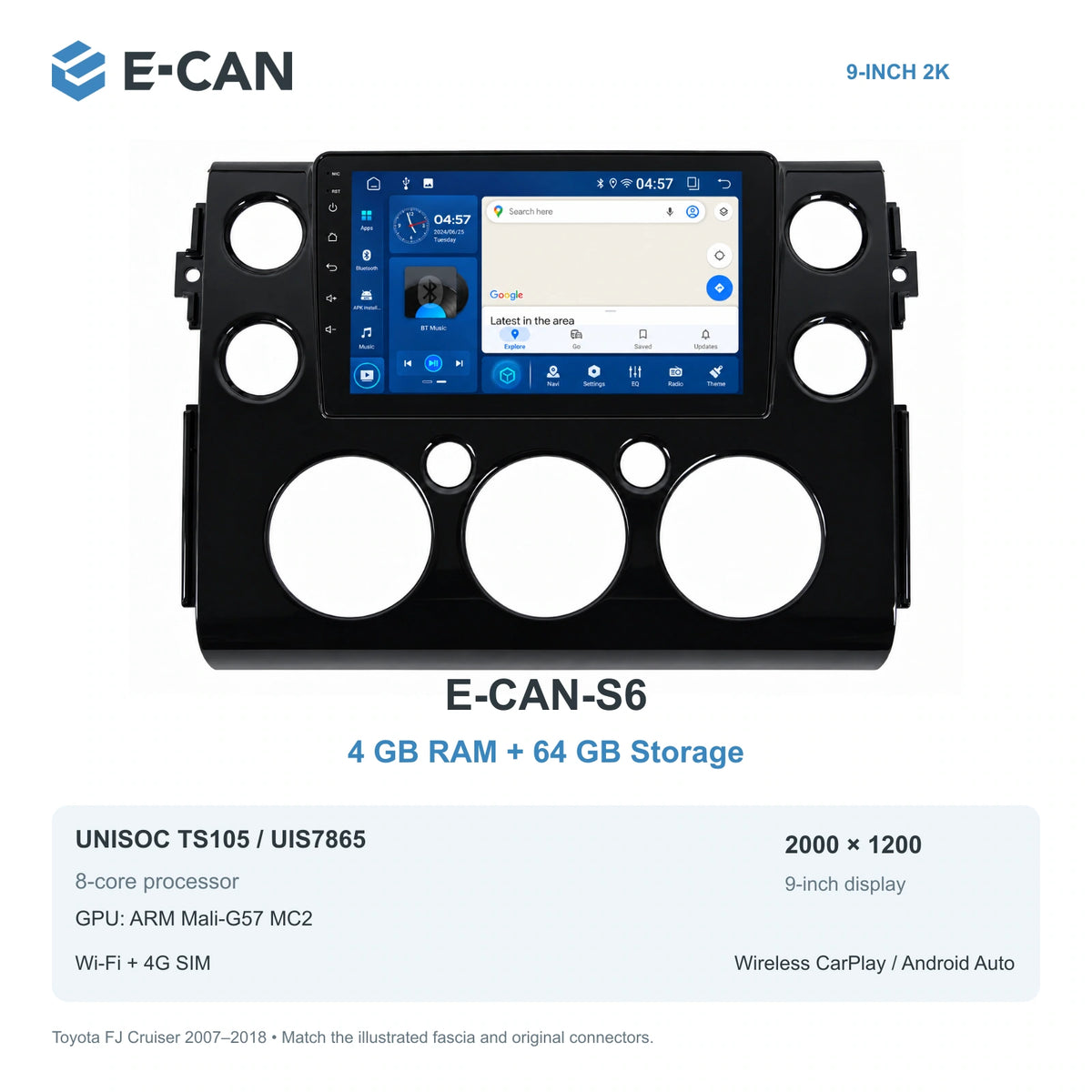 E-CAN Toyota fj-cruiser 9-inch · 2007–2018 matched fascia E-CAN-S6 4GB + 64GB