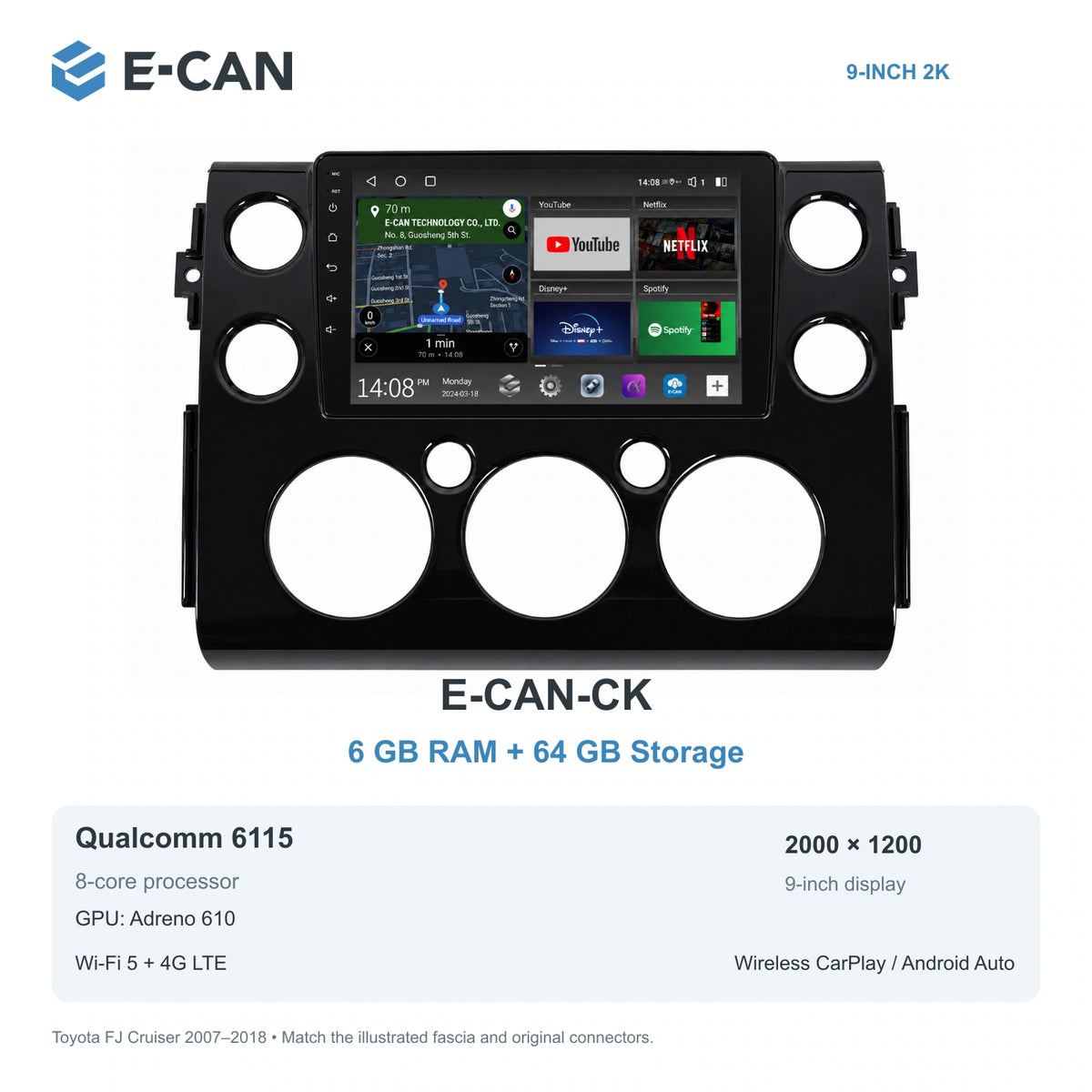 E-CAN Toyota fj-cruiser 9-inch · 2007–2018 matched fascia E-CAN-CK 6GB + 64GB